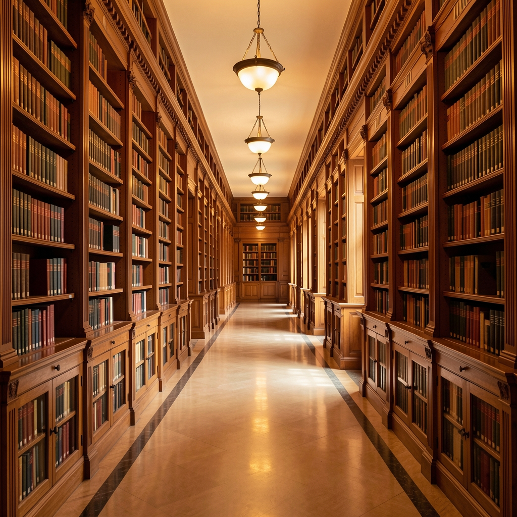 Long corridor of a classical library with tall wooden bookshelves, warm amber lighting from hanging lamps, and a polished floor reflecting the light, conveying institutional depth and scholarly atmosphere