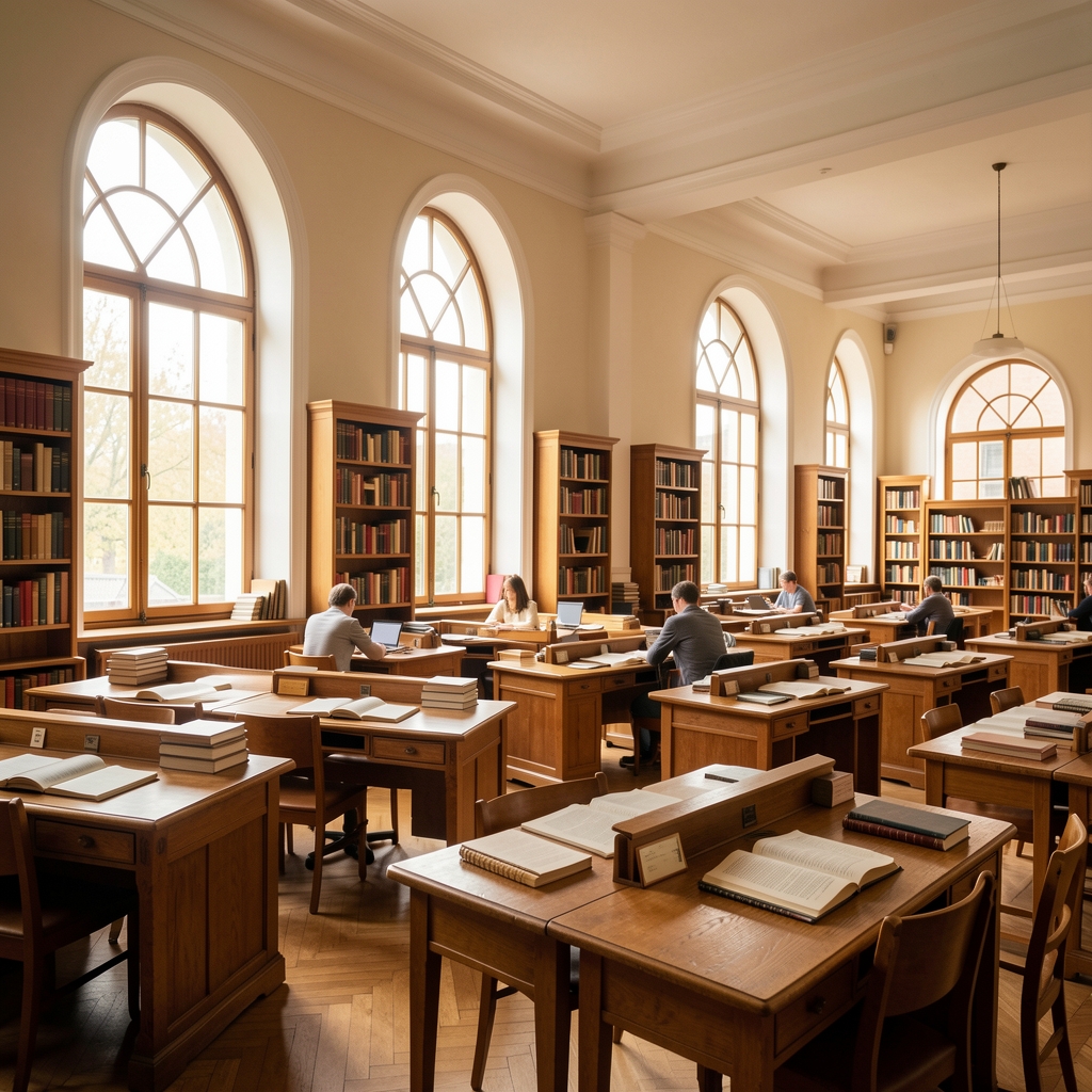 Wide angle view of a reading room with large arched windows, rows of wooden desks, and warm diffused daylight filling the space, suggesting focused intellectual inquiry