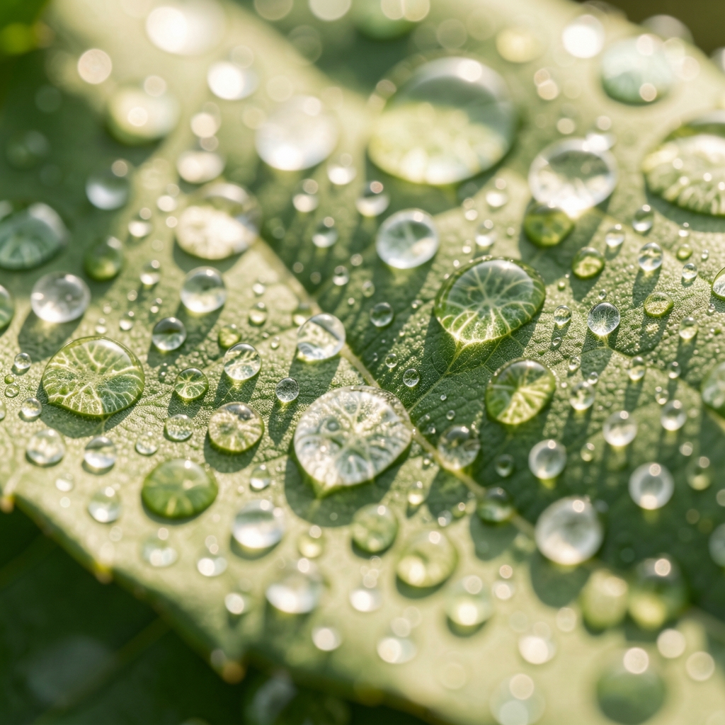 Abstract macro photograph of water droplets on a leaf surface in bright morning light, creating circular patterns that suggest biological processes and cellular activity
