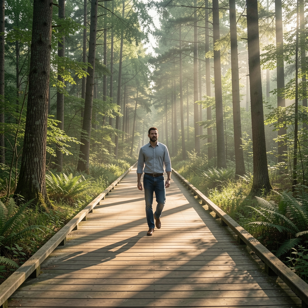 Person walking along a misty forest path at early morning, surrounded by tall trees with filtered light creating a meditative and peaceful natural atmosphere