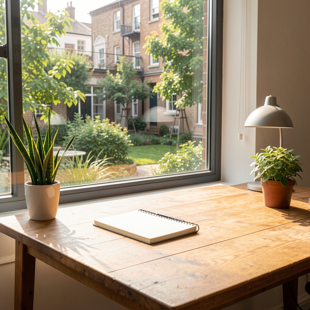 Sunlit open workspace with a writing desk, a single notebook and pen, and a large window overlooking a green urban courtyard, suggesting a calm and focused editorial environment