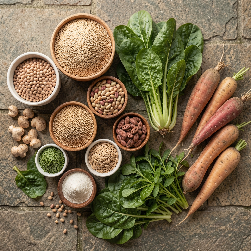 Overhead view of a variety of whole foods arranged on a stone surface — grains, legumes, leafy greens, and root vegetables displayed without branding or labels, in natural ambient light