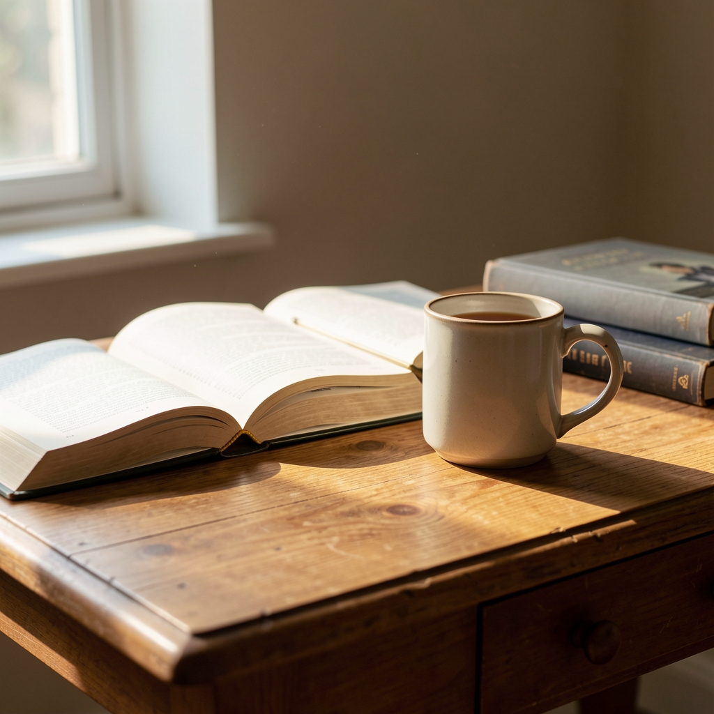 Close-up of a wooden desk with open books, a ceramic mug, and morning window light casting soft shadows, suggesting calm academic study and reflection